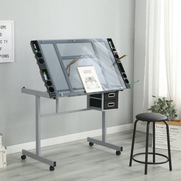 COMHOMA Adjustable Art Drawing Desk Craft Station Drafting with 2 Non-Woven Fabric Slide Drawers and 4 Wheels 
